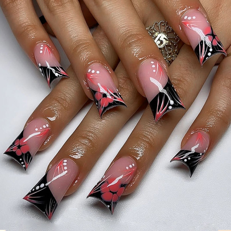 Cross-border New Duckbill Shape Wear Armor Spring Black Slant French Edge Flower Print Removable Fake Nail Cross-border New Duckbill Shape Wear Armor Spring Black Slant French Edge Flower Print Removable Fake Nail