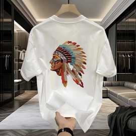 欧美复古重磅潮牌T恤男印第安人印花夏季棉短袖黑色半袖体恤衫