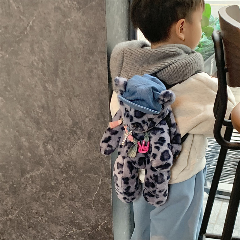 2025 otoño y invierno bolsas de peluche para niños de moda coreana estampado leopardo mochila para niños y niñas adorable oso pequeño mochila