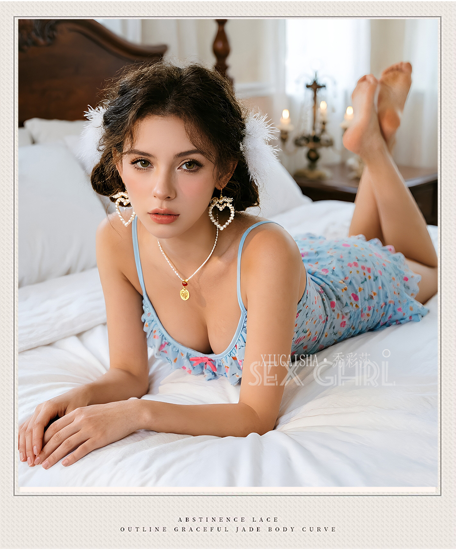 Heart Print Lace Mesh Babydoll Nightgown Set with Thong and Stockings — detail image 3