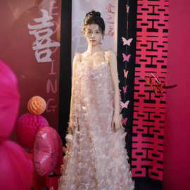 新中式晨袍晚礼服2026新款森系简约粉色吊带网纱裙新娘订婚敬酒服