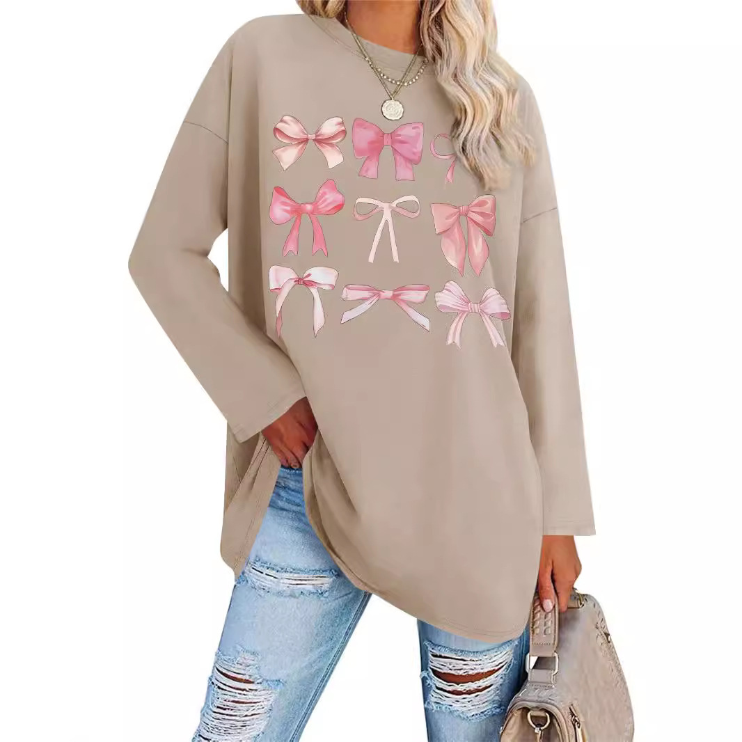 2023欧美跨境女士t恤亚马逊宽松字母印花落肩袖圆领长袖上衣