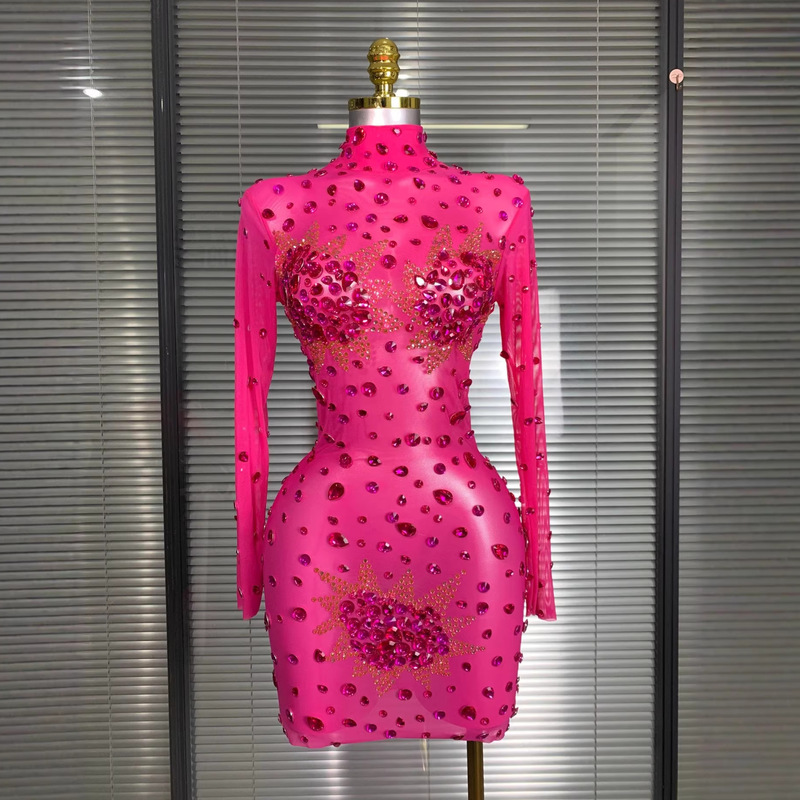 European and American Style Mesh See-Through Rhinestone Birthday Party Dress Long-Sleeve Stretchy Bodycon Dress Sexy Prom Performance Outfit