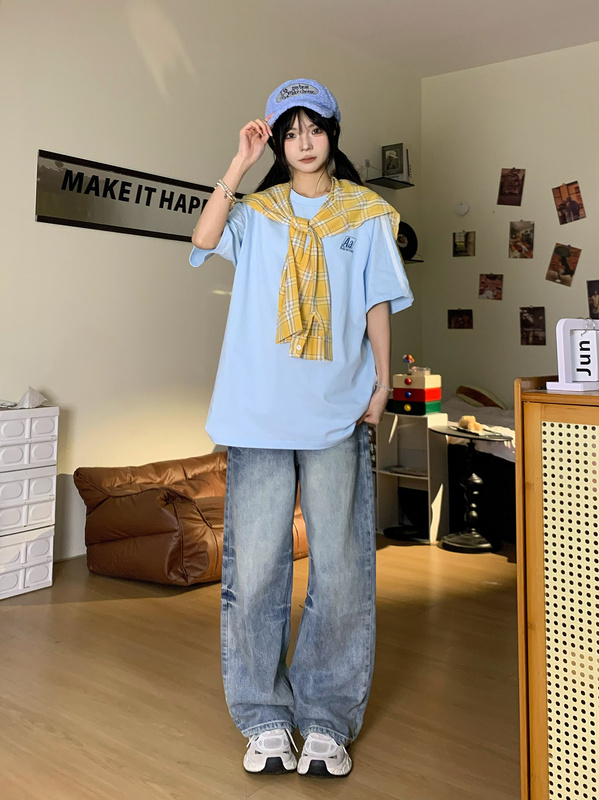 Plaid Shawl Navy Collar Preppy Style Pure Cotton Short-Sleeved T-Shirt Women's Loose Summer Design Niche Sweet and Cool Top Plaid Shawl Navy Collar Preppy Style Pure Cotton Short-Sleeved T-Shirt Women's Loose Summer Design Niche Sweet and Cool Top
