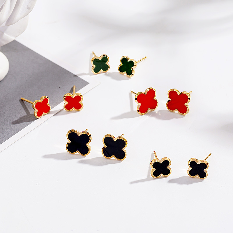 S925 Sterling Silver Korean Style Niche Design Glazed Four-Leaf Clover Earrings Korean Style Women's Basic Ear Jewelry Wholesale