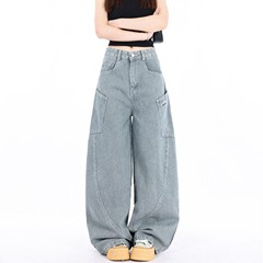 ストライプの大きいポケットの曲がったナイフのズボンの女性のゆったりとしたカジュアルな垂れ下がった感じの大きい足のズボンのアメリカの復古の百合のジーパンの工装のズボン
