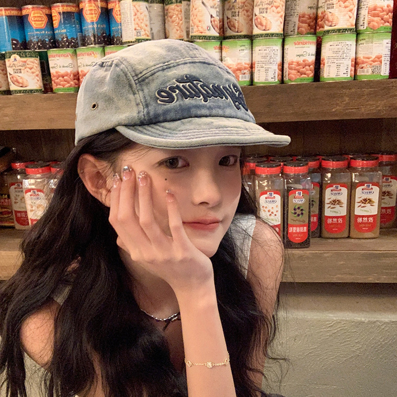 新款短帽檐美式复古软顶工装棒球帽子女夏季街头字母牛仔鸭舌帽子