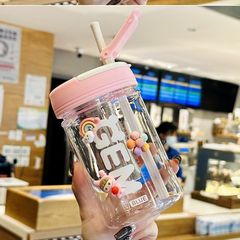 Plastic cup straw cup student water cup ins high-looking men and women bubble tea fruit tea with stainless steel tea warehouse