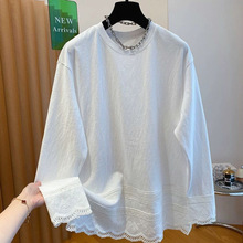 山力达迪大码胖mm-斤圆领长袖T恤宽松绝美内搭磨毛蕾丝拼接打底衫