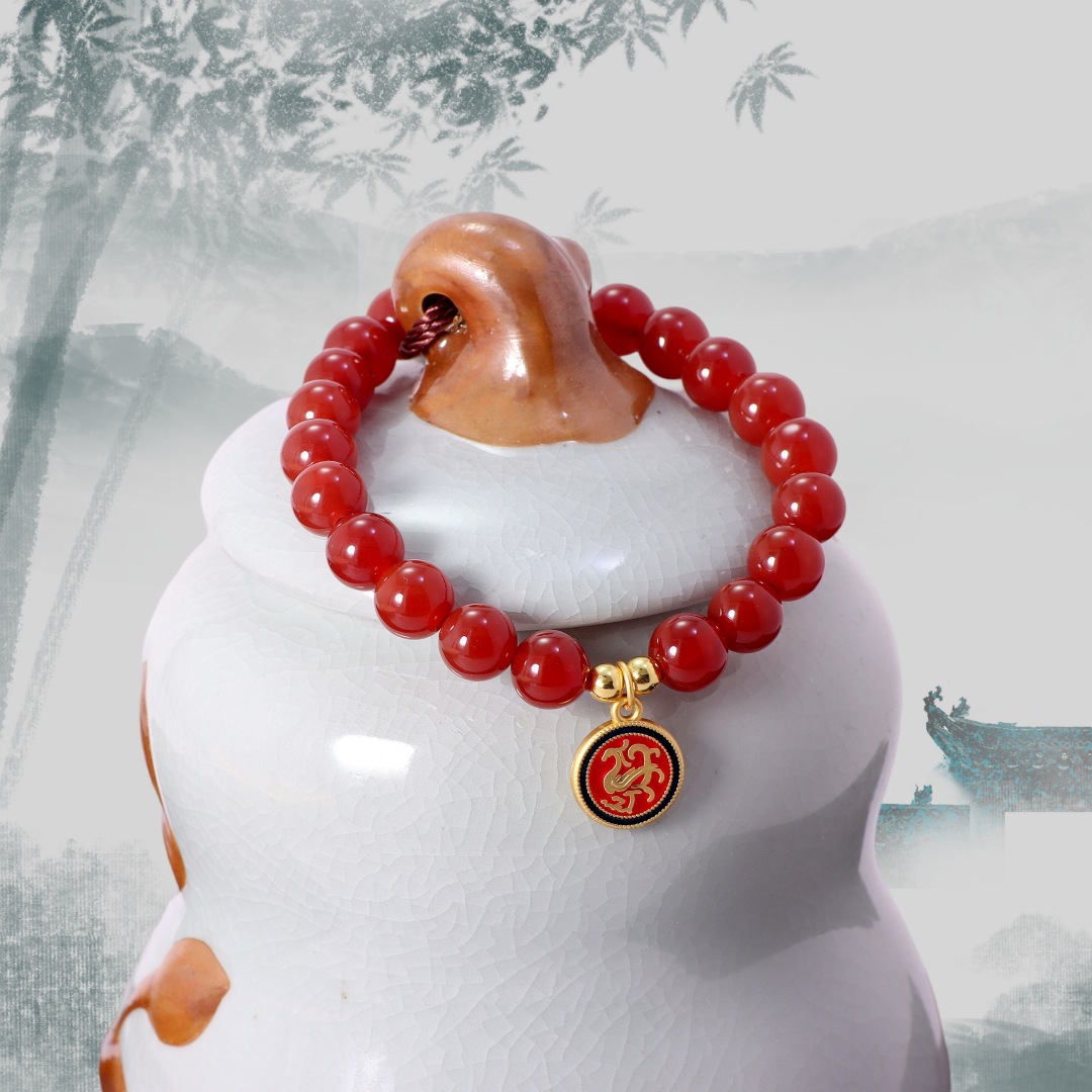 Pulseira de ágata vermelha natural para homem e mulher sorte_voghion.com