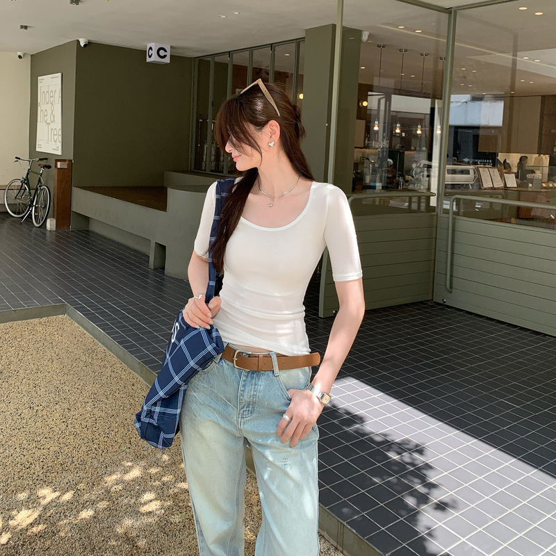 实拍图莱赛尔天丝修身U领中袖羊毛T恤女2025夏薄款上衣|undefined