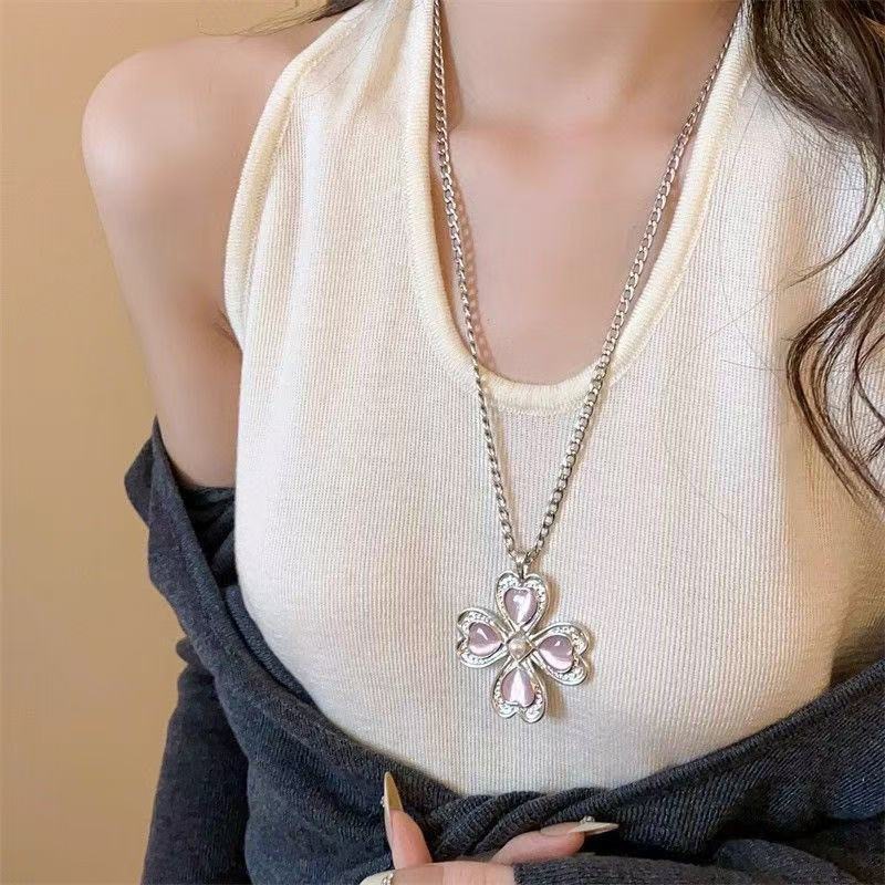 Ins Cross Lucky Flower Heart Necklace Niche Fashion Four-Leaf Clover Long Sweater Chain Women's Autumn and Winter Accessories