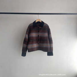 渐变色绵羊毛短款外套2025秋冬新款灯芯绒拼接羊驼毛混纺呢大衣女