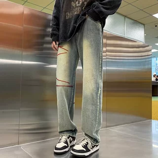 牛仔裤高街男潮牌欧美vibe做旧裤子2024春秋季美式新款宽松直筒裤