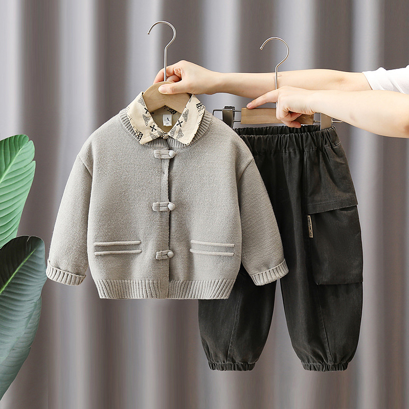 6231 Cardigan infantil 2025 primavera y otoño nuevo estilo de moda camisa de flores para niños suéter de otoño de tres piezas