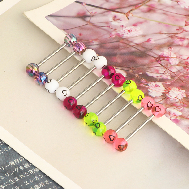 Stainless Steel Tongue Nail Love Double Round Ball Earring - Star Shape Purple Striped Body Piercing Jewelry Tongue Ring detail image 7