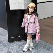 女童外贸收腰风衣春秋装2025年英伦风连帽外套儿童中长款拉链大衣