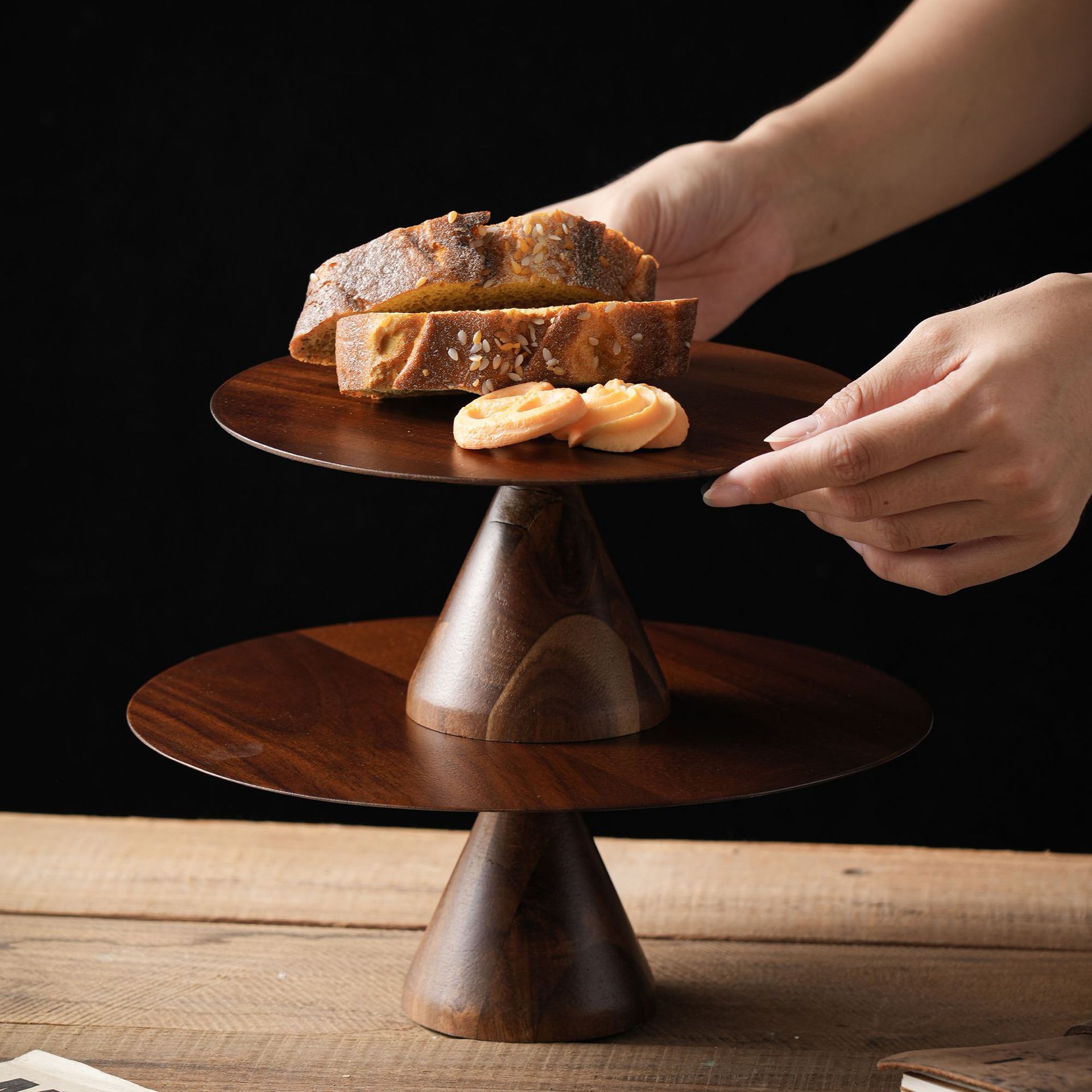 Acacia de madera alta pastel bandeja de postre pan de mesa retro bandeja de frutas bandeja de refrescos decoración de sala de estar