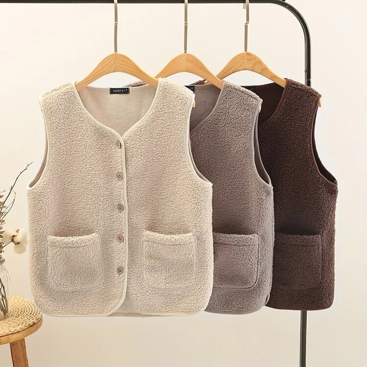 2025 Spring, Autumn and Winter Lamb Wool Vest Women's Short Single Breasted Loose Waistoutwear Thin Coral Velvet Jacket Vest