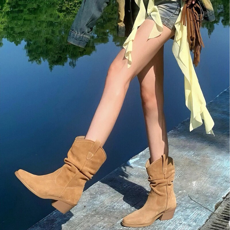 In-Stock Vintage Mid-Calf Riding Boots, Martin Boots with Pleated Suede, Pointed Toe, Chunky Heel, V-Cut Boots, Slimming Slouch Boots for Women