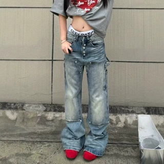 亚马逊美式休闲痞帅水洗复古牛仔裤女拼接直筒宽松高街阔腿长裤子