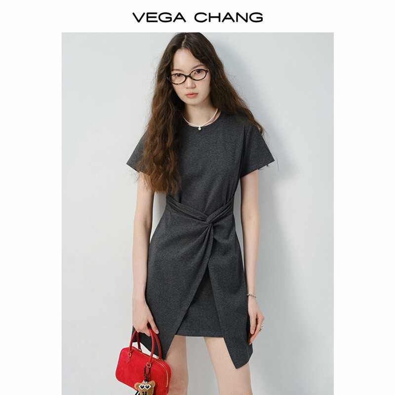 Vega Chang Petite Dress Women's 2025 New Summer Dress Asymmetrical Skirt Slimming Look T-Shirt Short Skirt