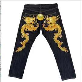美式嘻哈潮流牛仔裤男士高街时尚卡通印花搞怪风宽松直筒阔腿长裤