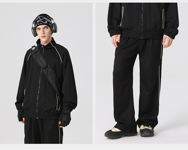 Completo casual da uomo alla moda con colletto alto, giacca, pantaloni a gamba larga, modello cardigan dal design ampio abbinato a pantaloni sportivi_voghion.com