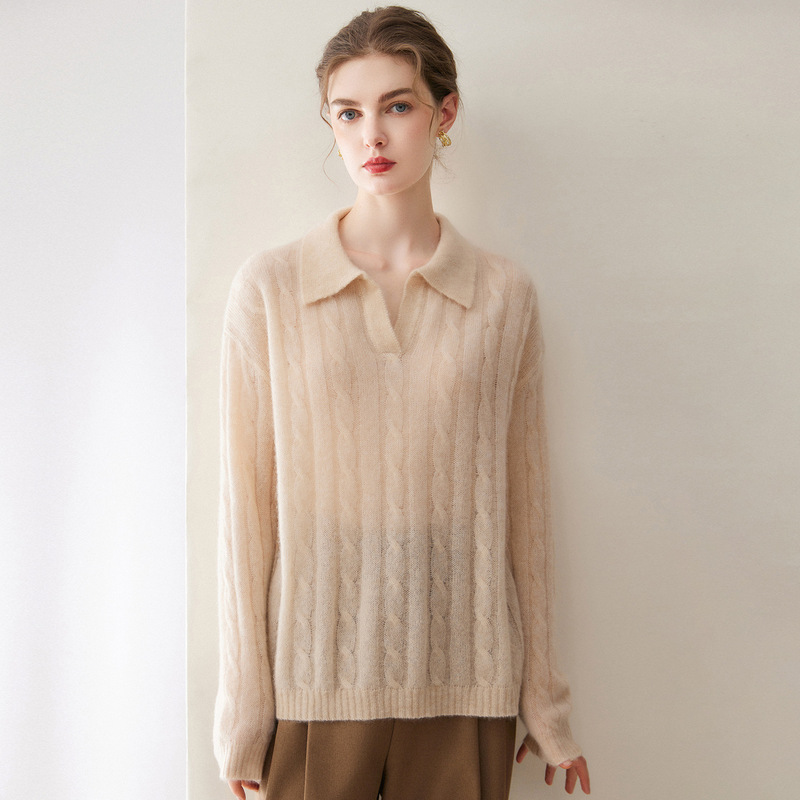 75% cashmere 25% mulberry silk POLO collar cashmere sweater for women, artistic retro style, versatile knitted base sweater 75% cashmere 25% mulberry silk POLO collar cashmere sweater for women, artistic retro style, versatile knitted base sweater