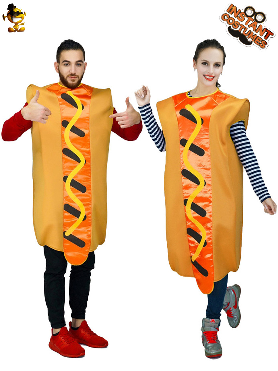 Adulto de los hombres y de las mujeres divertidas ropa de fiesta de perro caliente parodia de comida ropa de rendimiento de etapa de pareja mono de perro caliente