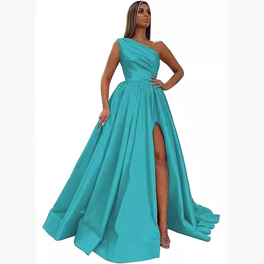 Comercio exterior europeo y americano Amazon AliExpress wish señoras nuevo vestido de noche de un solo hombro vestido de noche de satén dividido sexy