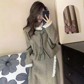 秋冬新款重磅高贵气质花边拼接上衣外套+半裙小香风盘扣套装跨境