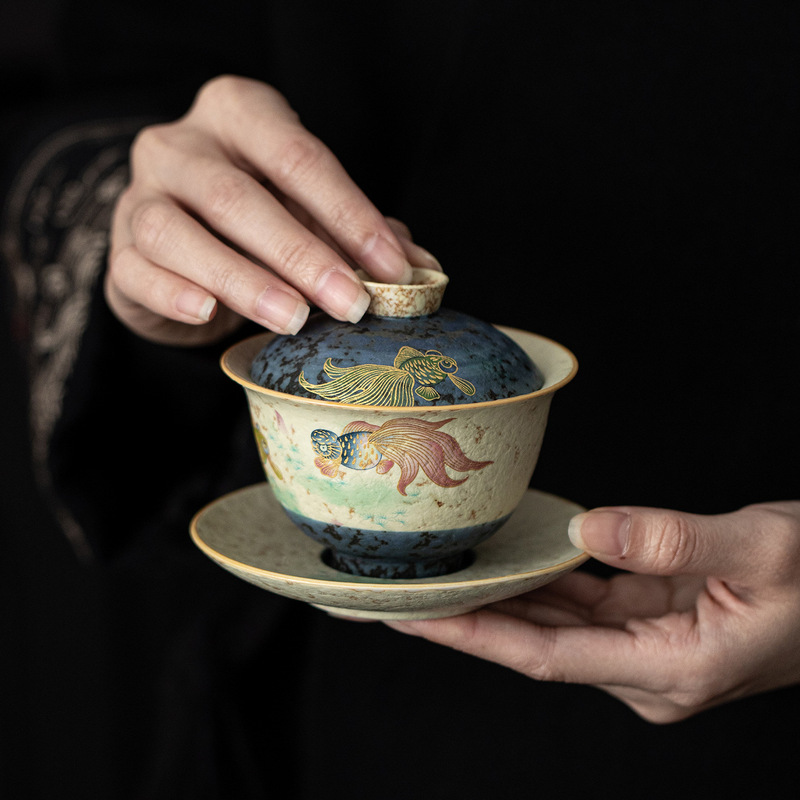 Blue and White Firestone Red Gold Jade Three-Talent Teacup Chinese Retro Tea Bowl Ceramic Kung Fu Tea Set Large Tea Bowl Blue and White Firestone Red Gold Jade Three-Talent Teacup Chinese Retro Tea Bowl Ceramic Kung Fu Tea Set Large Tea Bowl