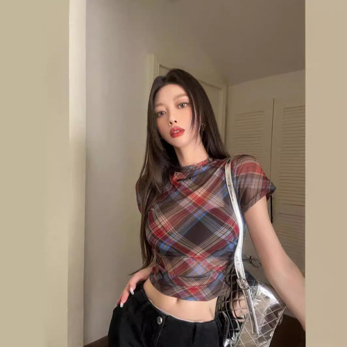 Vintage Gingham Crew Neck Short Sleeve Square Shoulder T-Shirt for Women - Summer 2024 New Sweet and Spicy Style Pleated Tight Fitting Slimming Top