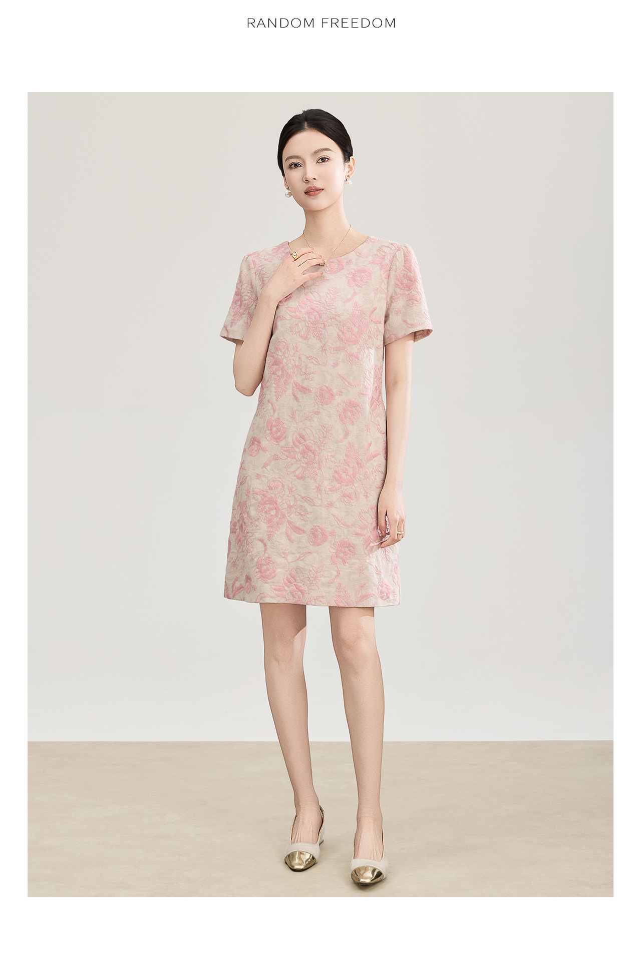 Đầm chữ A thêu jacquard tay ngắn mùa xuân hè — xanh lam chi tiết 15