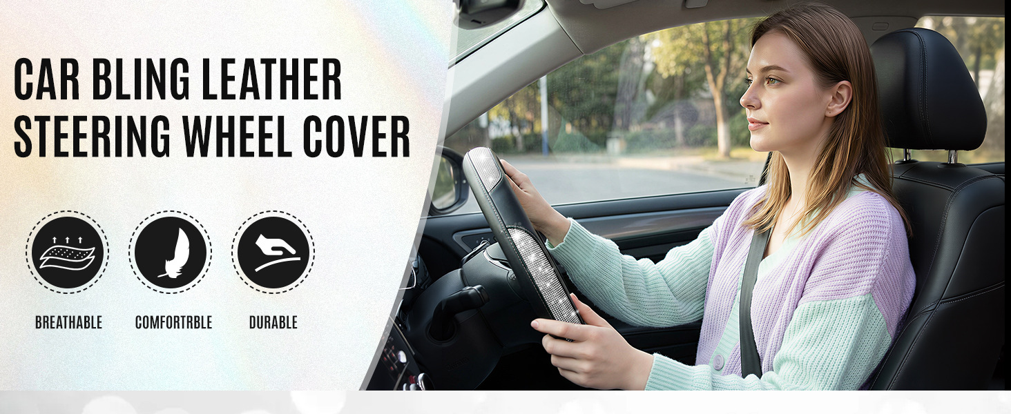 15inch Leather steering wheel cover with diamond inlay, fully enclosed, snug fit, non-slip, wear-resistant car steering wheel protector