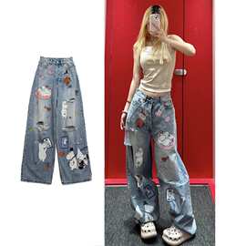 美式高街设计感卡通涂鸦破洞牛仔裤女夏季甜酷炸街显瘦直筒阔腿裤