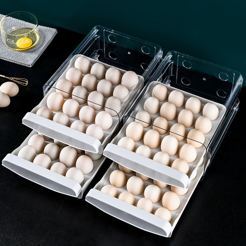 Egg storage box double‑layer, refrigerator drawer organizer, transparent pull‑out trays
