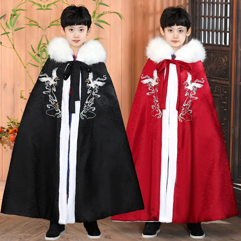 Детская шаль ханьфу с капюшоном для мальчиков, длинная утолщенная прогулочная накидка, детская зимняя новогодняя поздравительная одежда