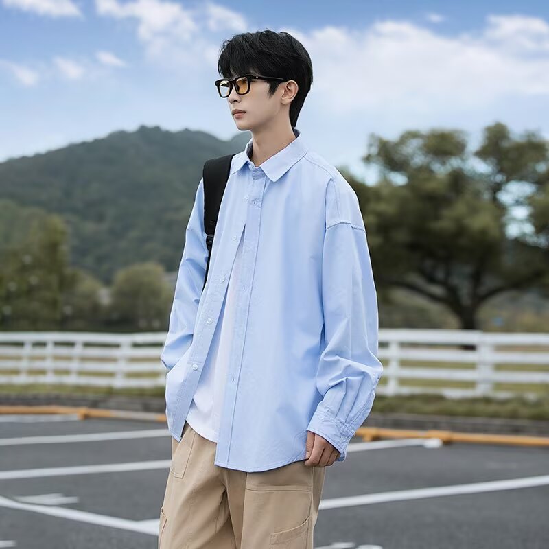 Japanese-Style Retro Lapel Shirt for Men, Spring and Autumn Solid Color Simple Loose Casual Versatile Commuter Shirt Jacket