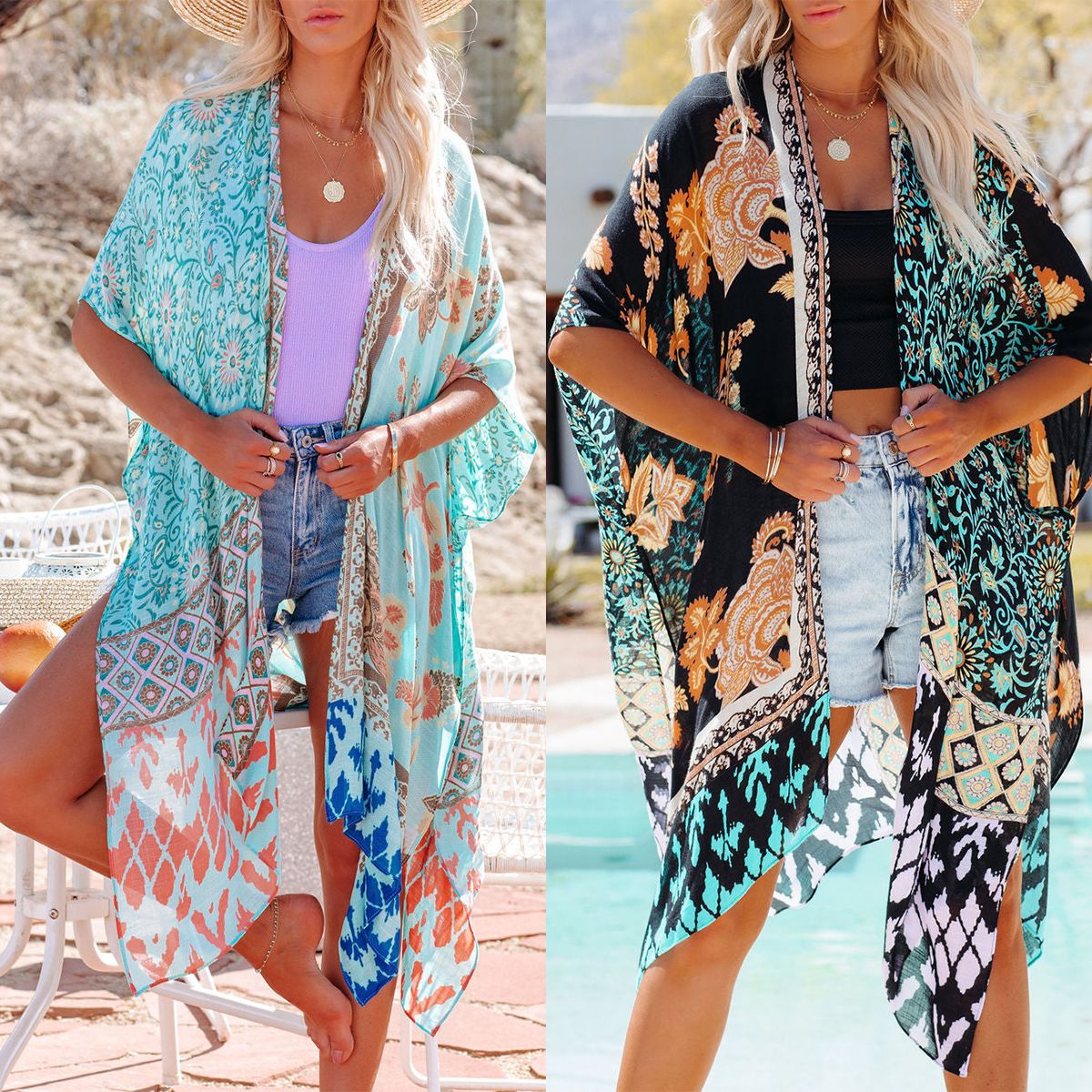 Summer European and American style women's vacation beach cover-up, cross-border chiffon printed cardigan kimono shawl 2271 foreign trade