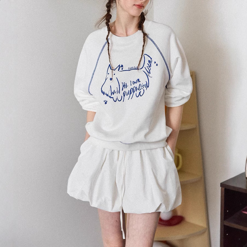 Cute dog' hand-painted printed 100 cotton contrast raglan sleeve good version retro round neck sweater women