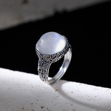 宝悦珠宝S925纯银白月光石戒指时尚ins风设计感圆形女款开口指环