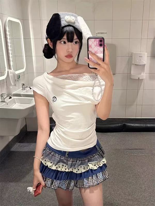 美式辣妹斜肩t恤女夏季新款白色花边蕾丝短袖显瘦纯欲风露肩上衣|undefined
