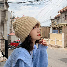 堆堆毛线帽子女秋冬季韩版潮牌百搭日系米色大头围冬天保暖针织帽