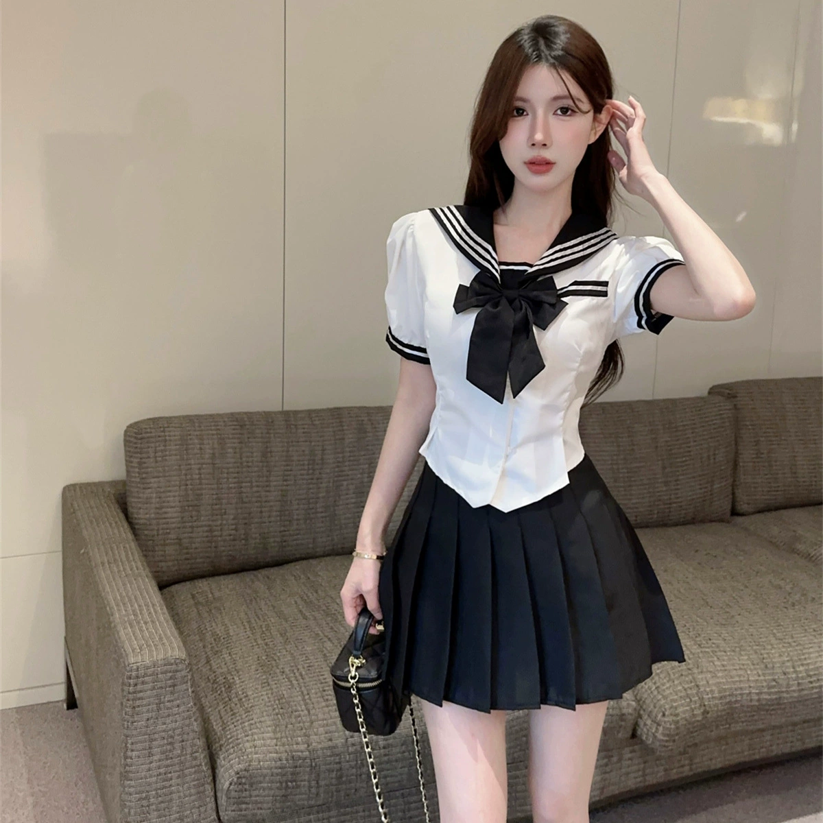 Американский jk униформа набор академического стиля свежий минус талия рубашка с короткими рукавами с высокой талией плиссированная юбка из двух частей летом