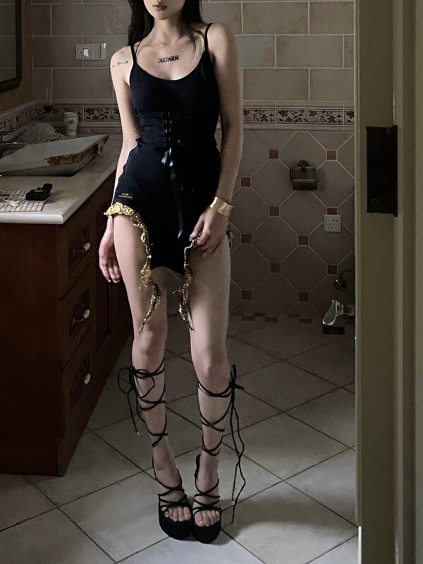 Sexy Low-Cut Nightclub Temptation Dress with Ultra-Short Irregular Ruffles and Strappy Design for Women