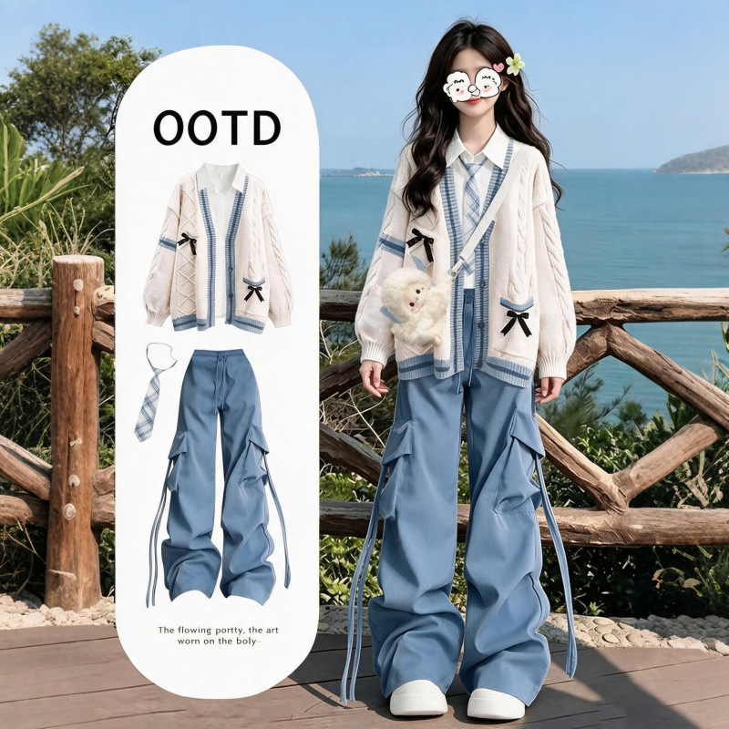 Early Autumn Women's Suit Set 2026 New Style, Fresh and Cute Style, Three-Piece Set: Cardigan, Sweater, Shirt, and Cargo Pants