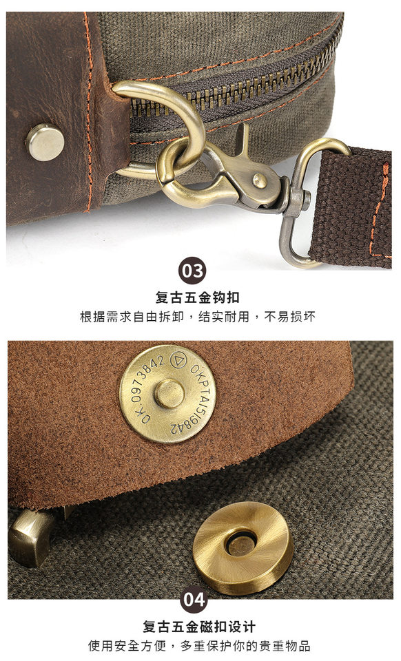 Túi đeo chéo nam da bò phối vải canvas kiểu dọc — Màu vải Kaki đậm, Màu xanh lam nhạt, Màu xanh quân đội, Màu đen chi tiết 39