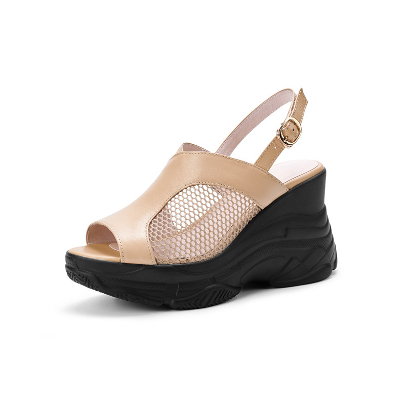 Sandal nữ hở mũi đế xuồng gót cao 9 cm, da bò lưới phối miệng cá — Màu trắng be chi tiết 14